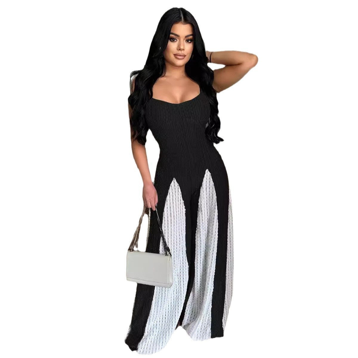 Cutout Wide Leg Knitted Sling Stitching Contrast Color Jumpsuit