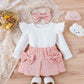Ensemble trois pièces pour bébé et tout-petit, robe courte en dentelle avec nœud papillon et coiffe