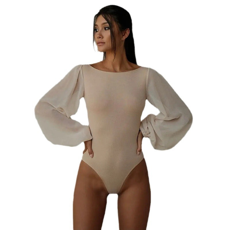 European And American Fashion Long Sleeve Round Neck Slim-fit Solid Color Round Neck See-through Jumpsuit