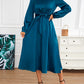 Satin Crew Neck Elegant Long Sleeve Tie Waist A-line Dress