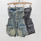 Breasted Hollow-out Midriff Tube Top Cowboy Siamese Shorts For Women