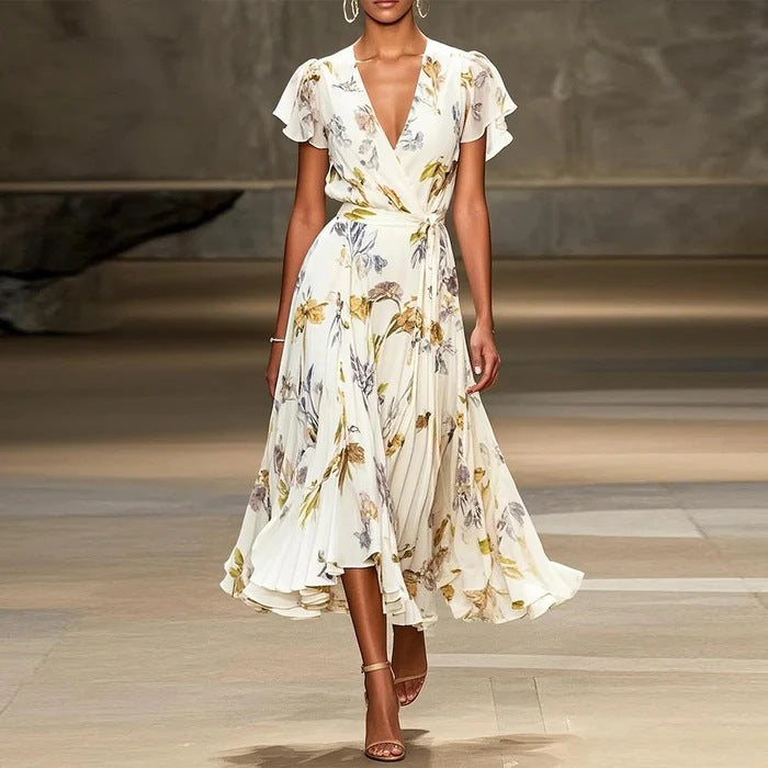 Women's V-neck Short Sleeve Dress Temperament Printed
