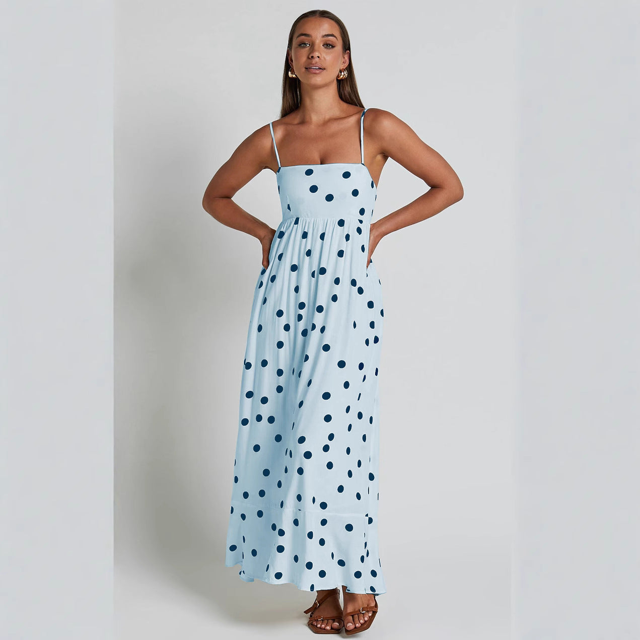 U-collar Tight Waist Large Skirt Polka Dot Print Dress