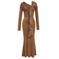 Robe de soirée plissée à col rond et manches longues, coupe ajustée, avec ruban