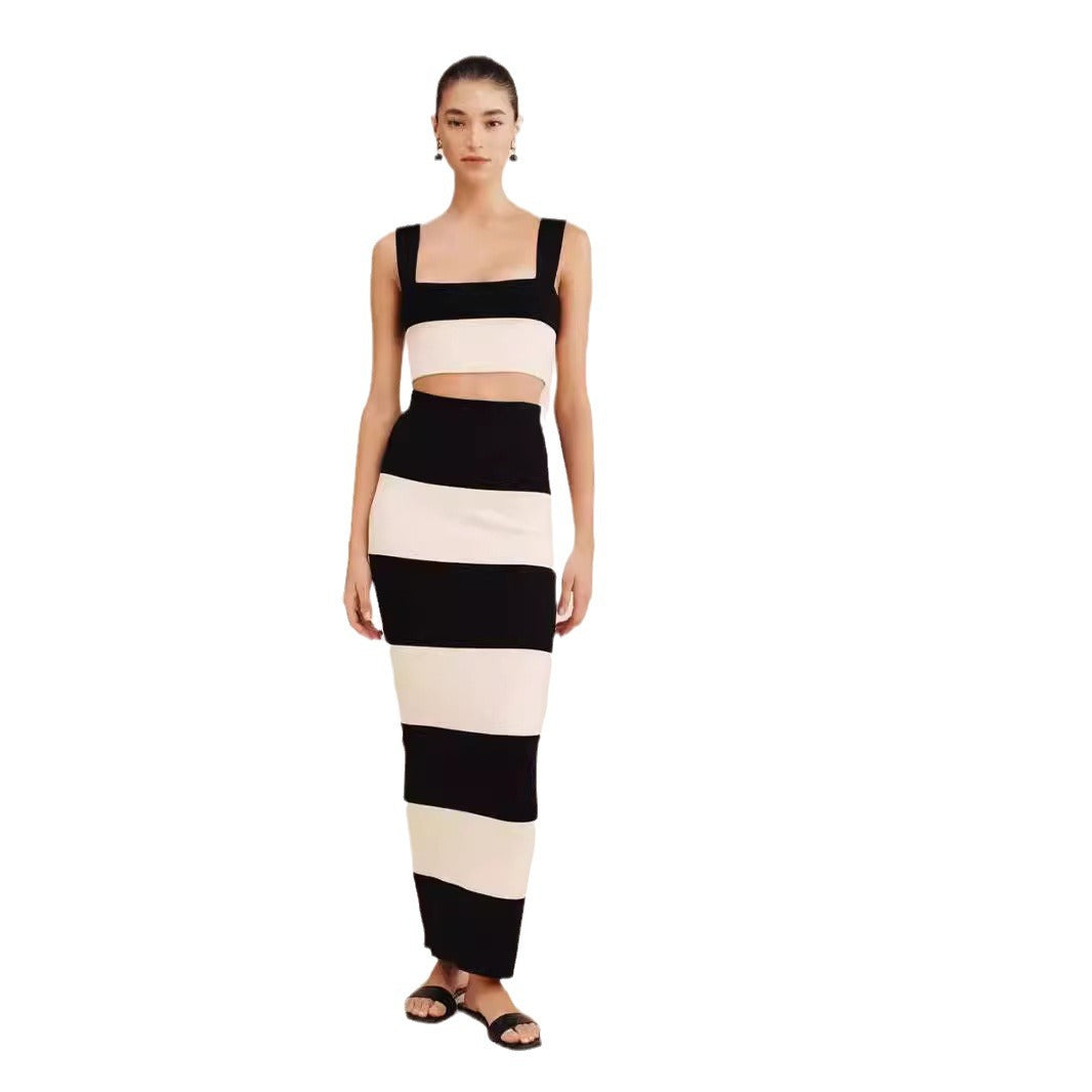Knitted Striped Vest Sling Sweater Long Dress Suit