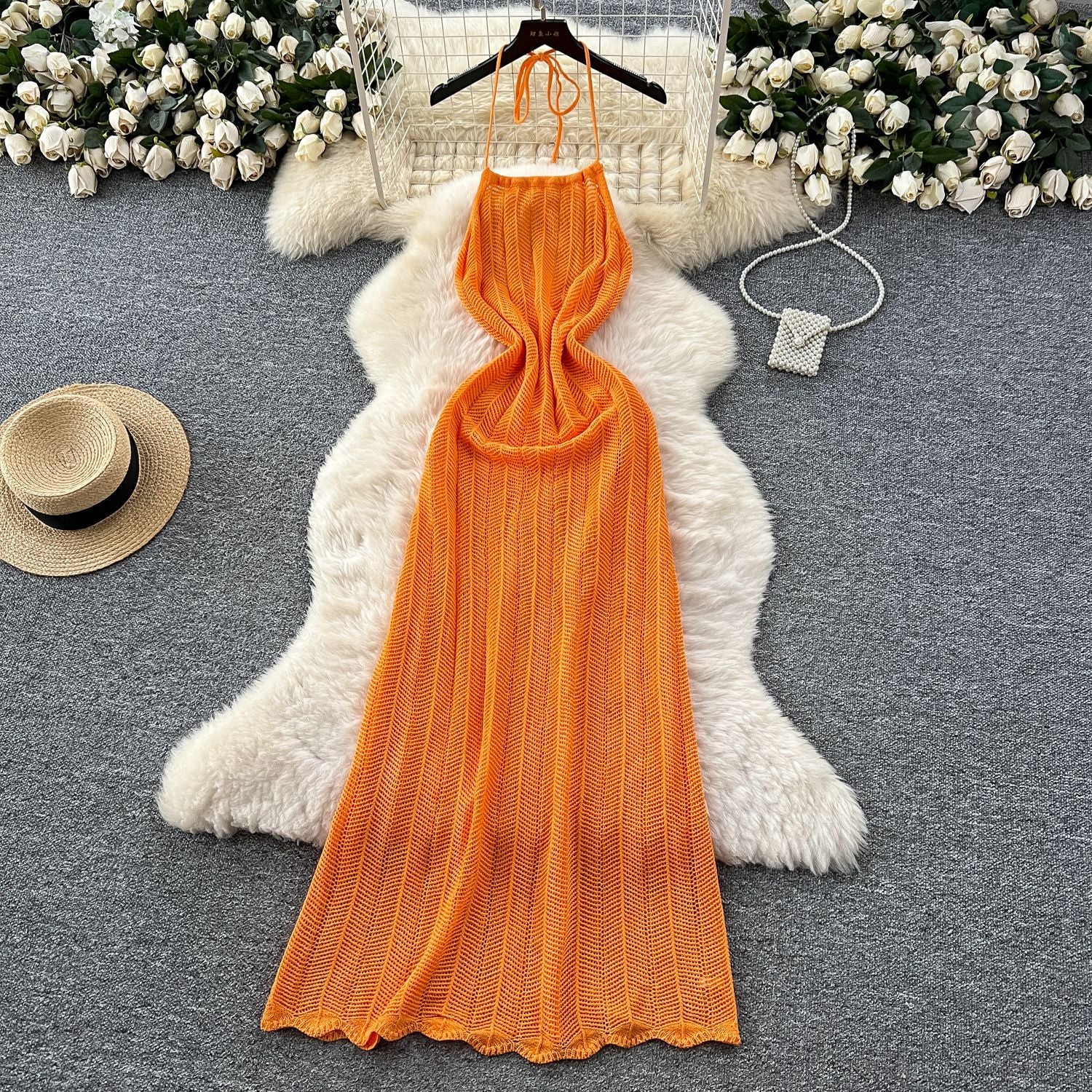 Halter Spaghetti Straps Waist-tight Vacation Style Dress Women