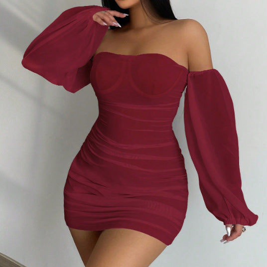 Off-neck Dress Long Sleeve Pullover Hip