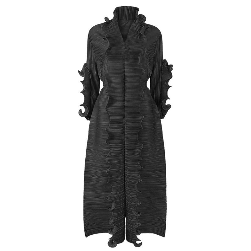 Jupe plissée à volants et manches longues pour femme, couleur unie