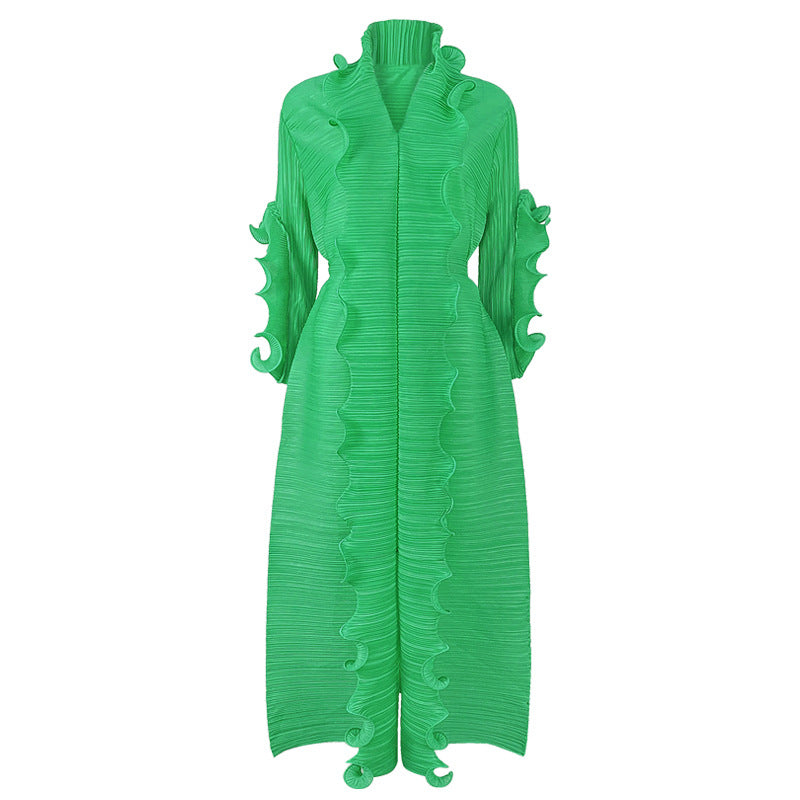 Jupe plissée à volants et manches longues pour femme, couleur unie