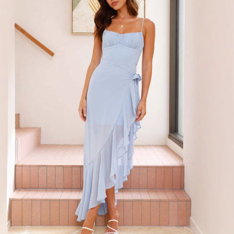 European And American Women's Sling Backless Ruffles Irregular Dress