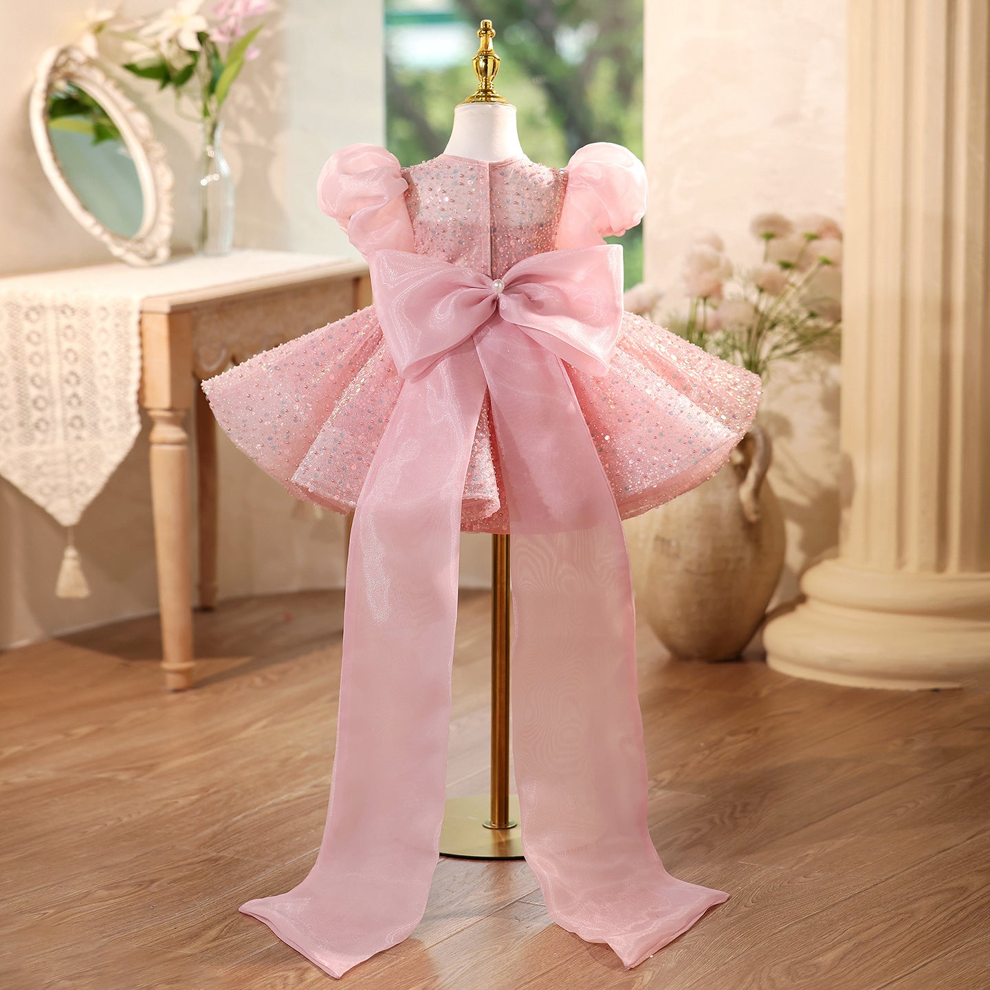 Children's Sequined Formal Dress Puff Sleeve Flower Girl Wedding Princess Dress