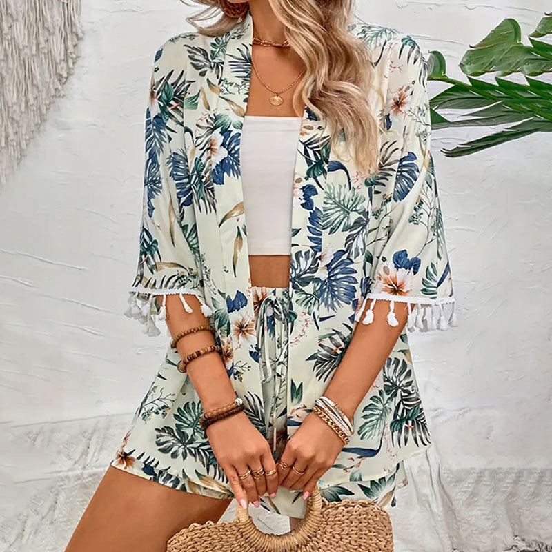 Shirt Beach Pants Suit Printed Tassel Short Two-piece Set