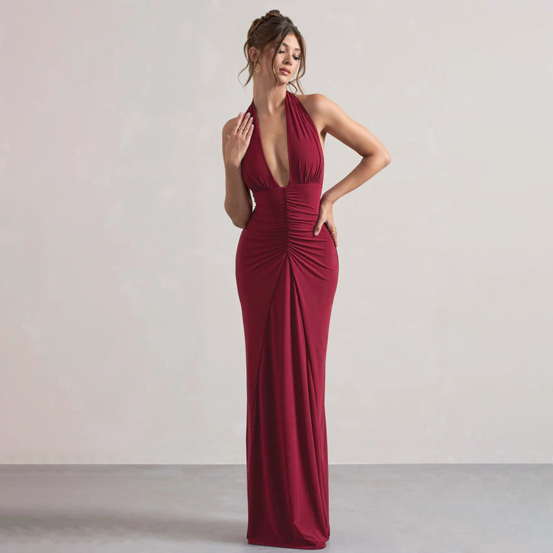 Robe moulante élégante à col en V et à plis, coupe ajustée et amincissante