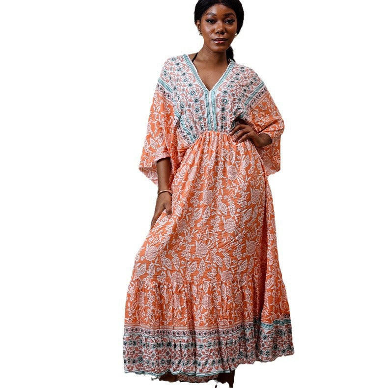 V-neck Beach Vacation Bat Sleeve Bohemian Dress