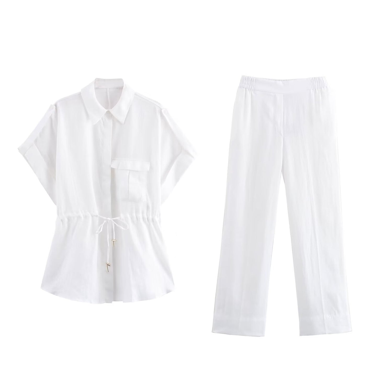 Summer Women's Clothing New Linen Women's Shirt Top Casual High Waist Pants Suit