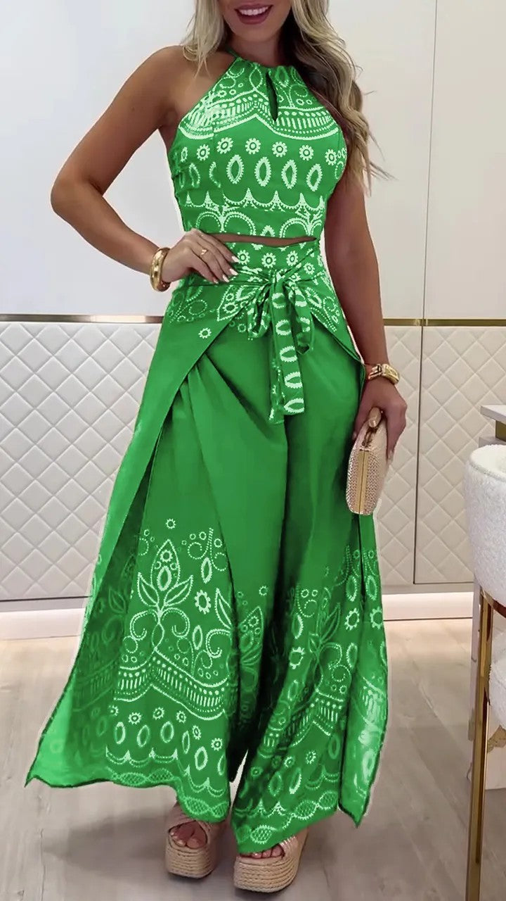 Ethnic Style Halter Top Wide Leg Pants Suit