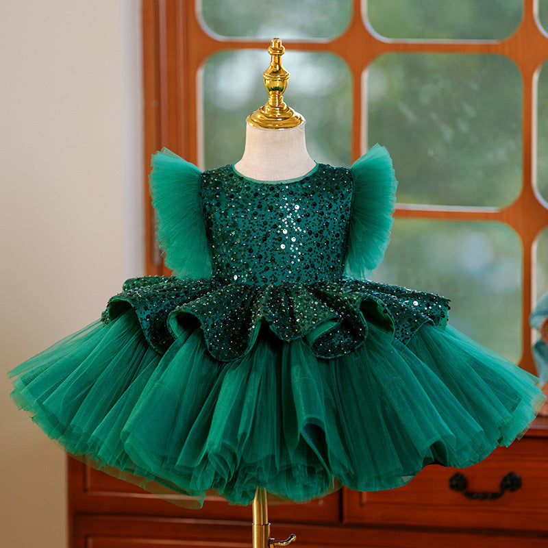 Robe de princesse tutu en tulle à manches volantées et paillettes vertes