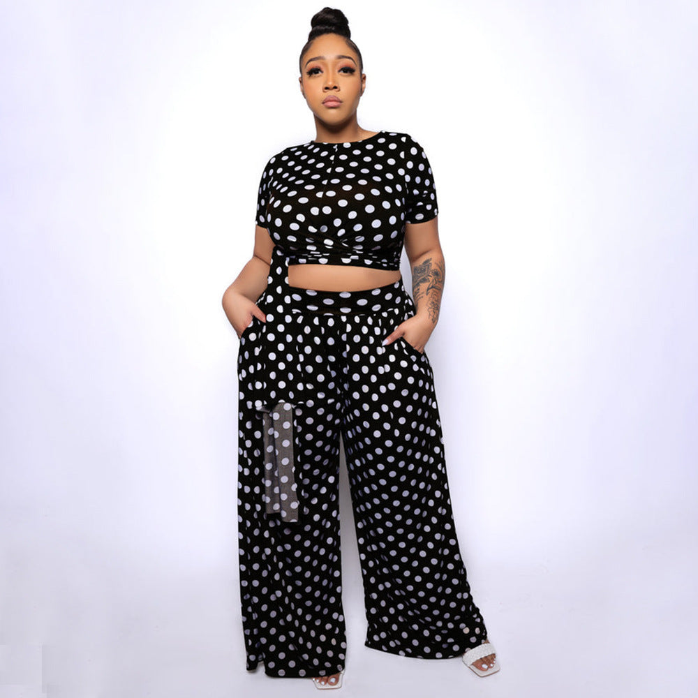 Women's Fashionable Casual Plus-Size Two-Piece Set With Polka-Dot Print