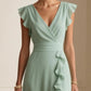 Solid Color Pleated Short Sleeves V-neck Dress