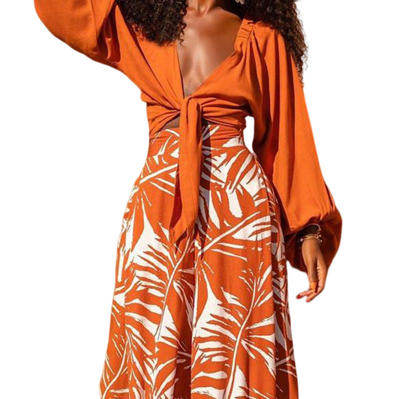 Women's Fashionable Printed Pants V-Neck Suit