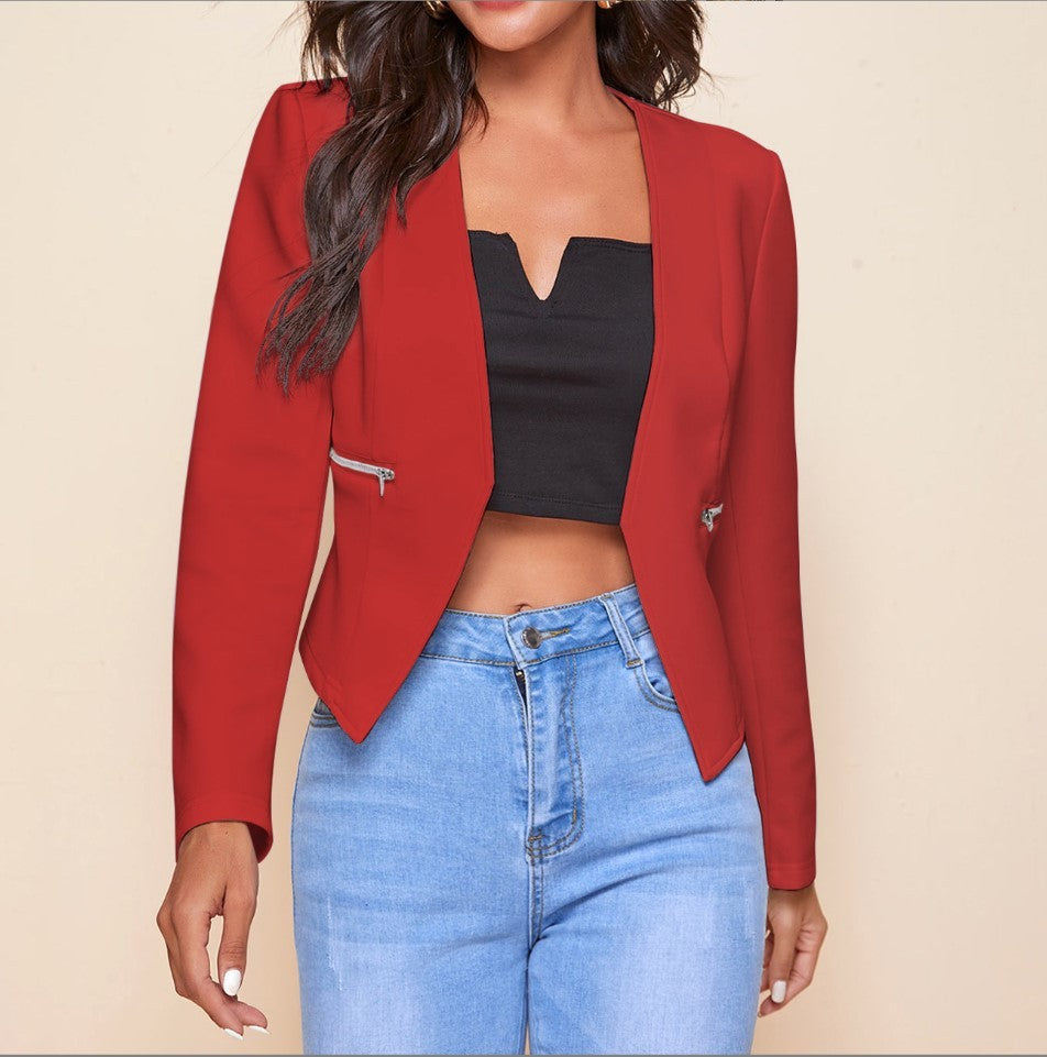 Long Sleeve Cardigan Zipper Pocket Jacket Top Small Suit