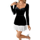 French Elegant Classic Black And White Contrast Color Peach Collar Velvet Dress