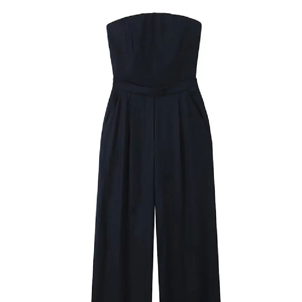 Combinaison ample noire en lin mélangé pour femme, style soutien-gorge