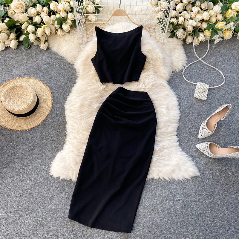 Solid Color Round Neck Vest Short Top High Waist Hip-wrapped Mid-length Dress