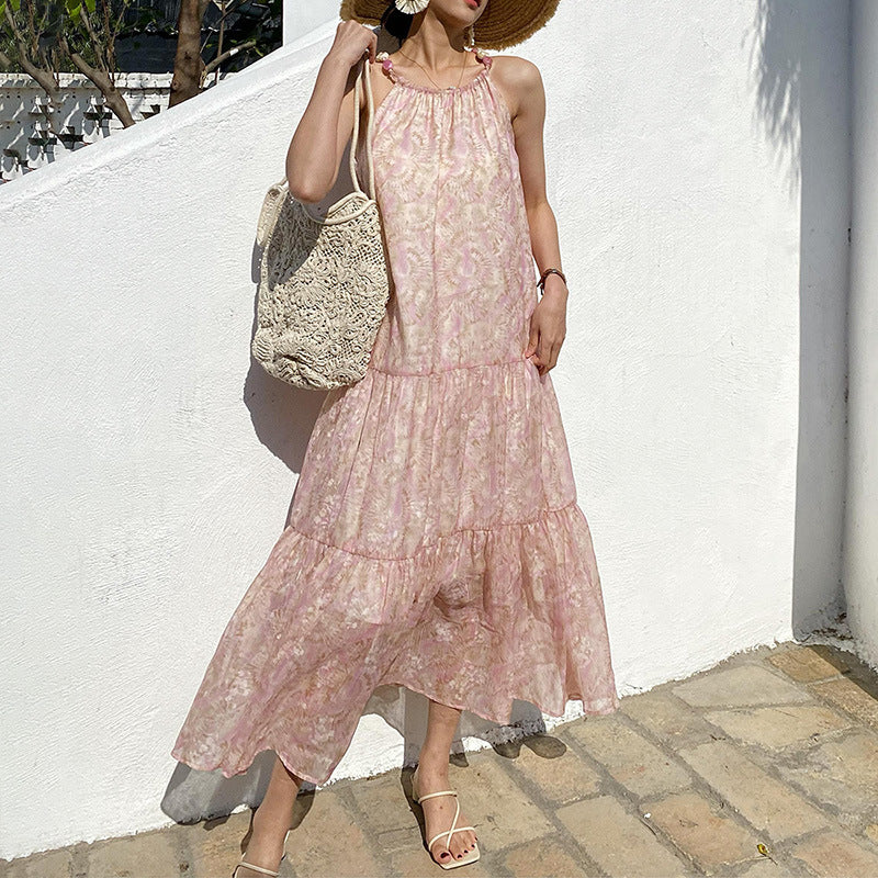 Robe en mousseline de soie imprimée texturée style vacances pour femme