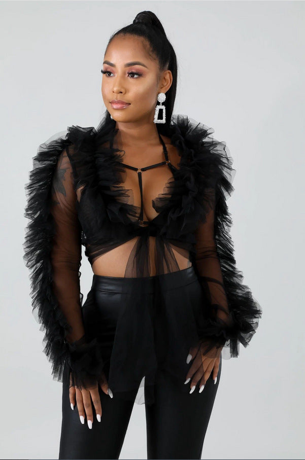 Long Sleeve Sheer Three Layer Mesh  Top Cardigan