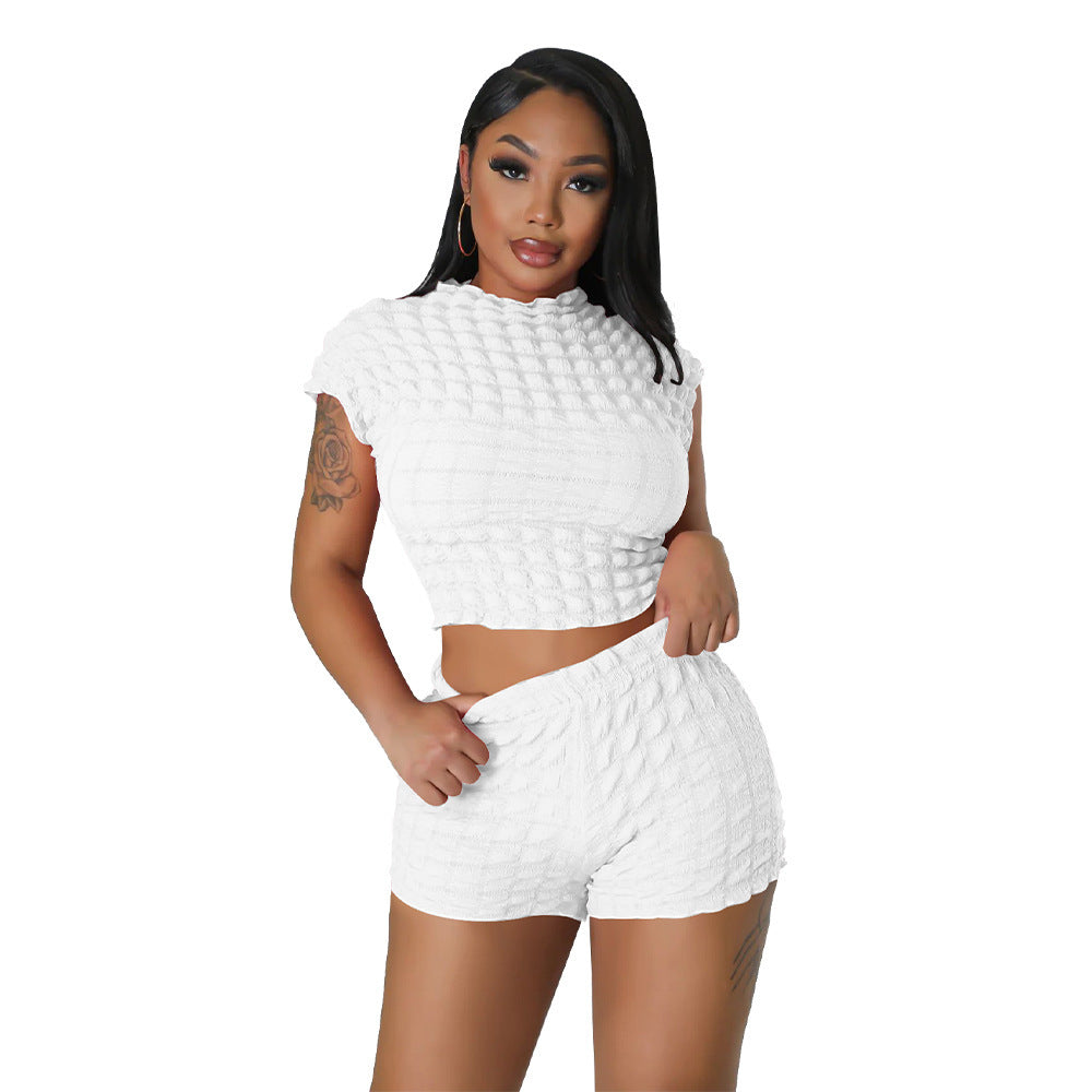 Women's Clothing Sleeveless Midriff-baring Shorts Popcorn Bubble Two-piece Set