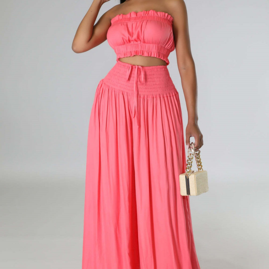Summer Autumn Solid-Color Womens Casual Tube Top And High-Waist Drawstring Wide-Leg Pants