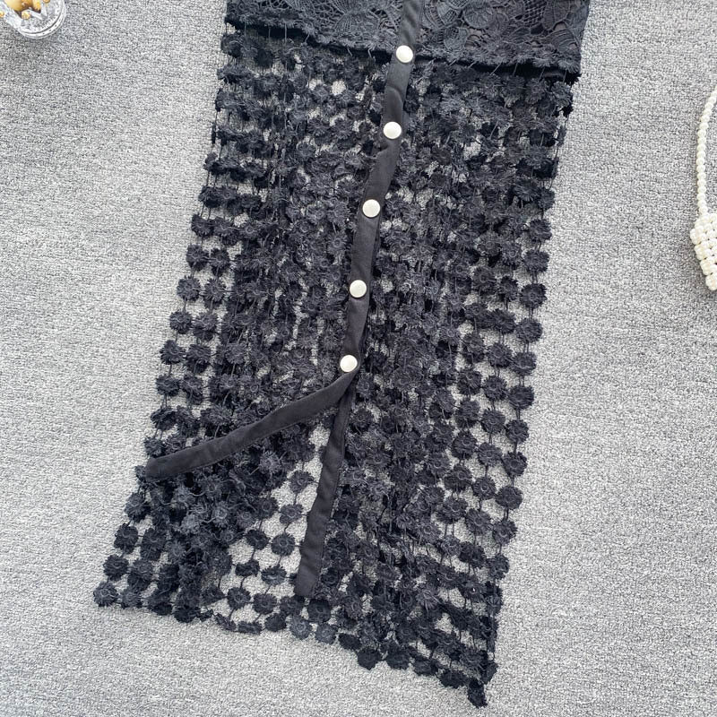 Black And White Hollow Outer Skirt Female Elegant Button Tempered Stickers Falda Party High-end Women's Clothing