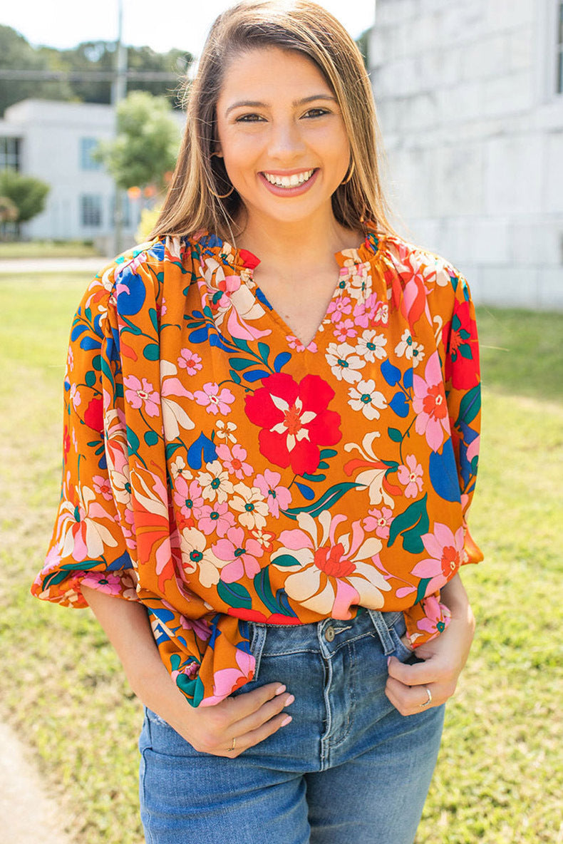 Women's Ruffled Collar Colorful Flowers Ruffled Shirt Top