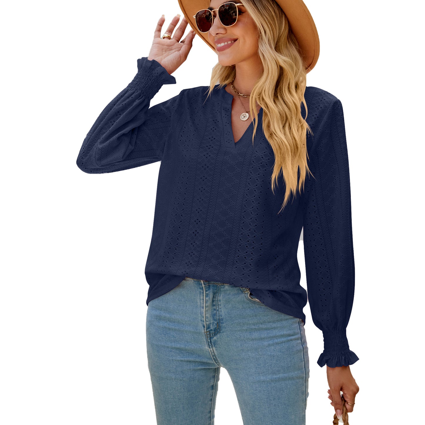 Women's Fashion V-neck Solid Color Hollow Ruffle Sleeve Loose Long Sleeve Top