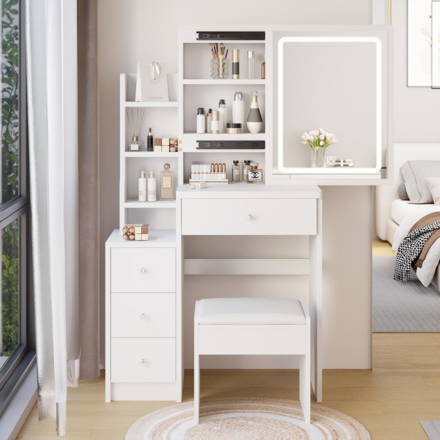 Small Size Left Bedside Cabinet Vanity Table   Cushioned Stool, Extra Large Touch Control Sliding LE