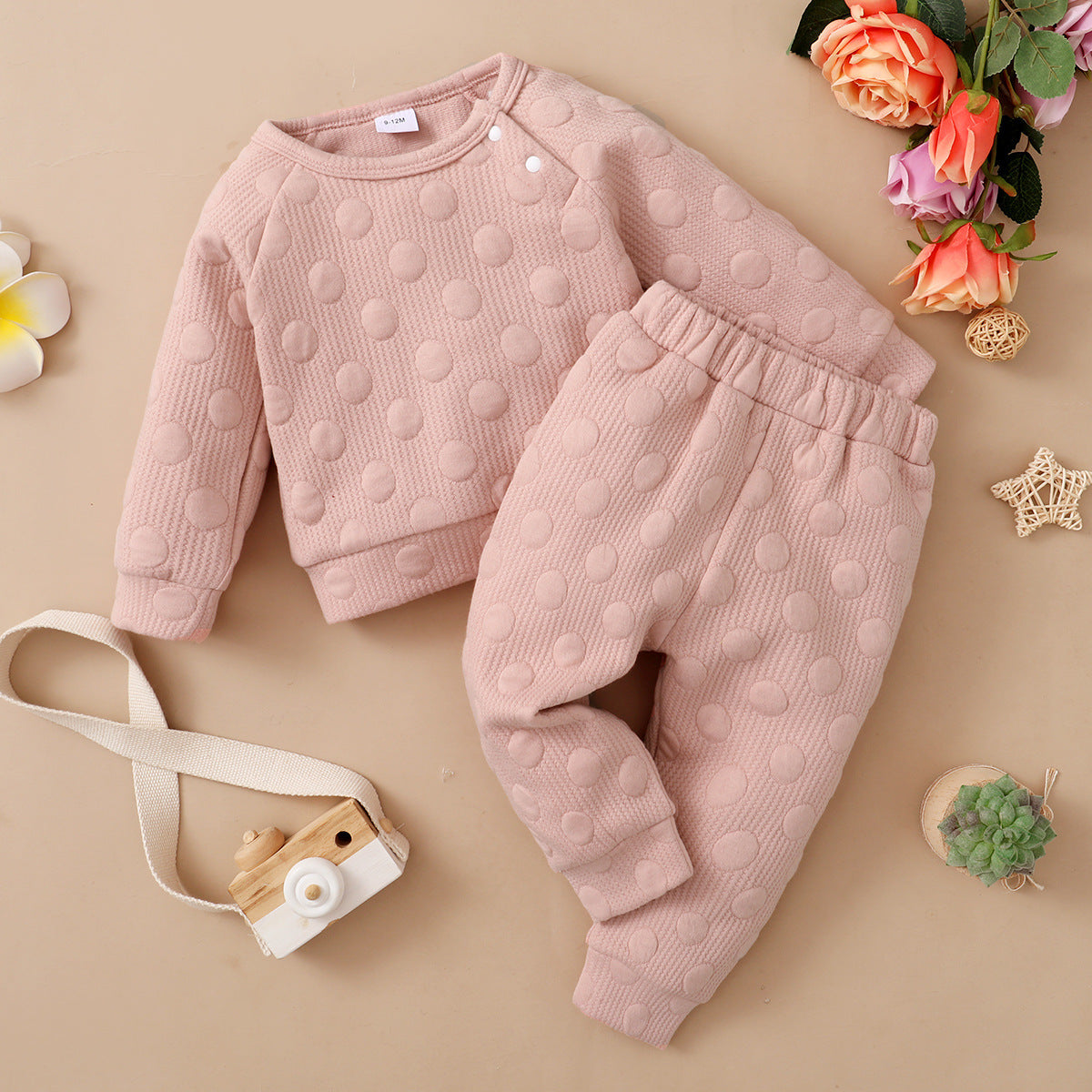 Ensemble printemps-automne pour garçons et filles, couleur bonbon, couleur unie, pois, col rond, manches longues, pantalon, vêtements pour enfants
