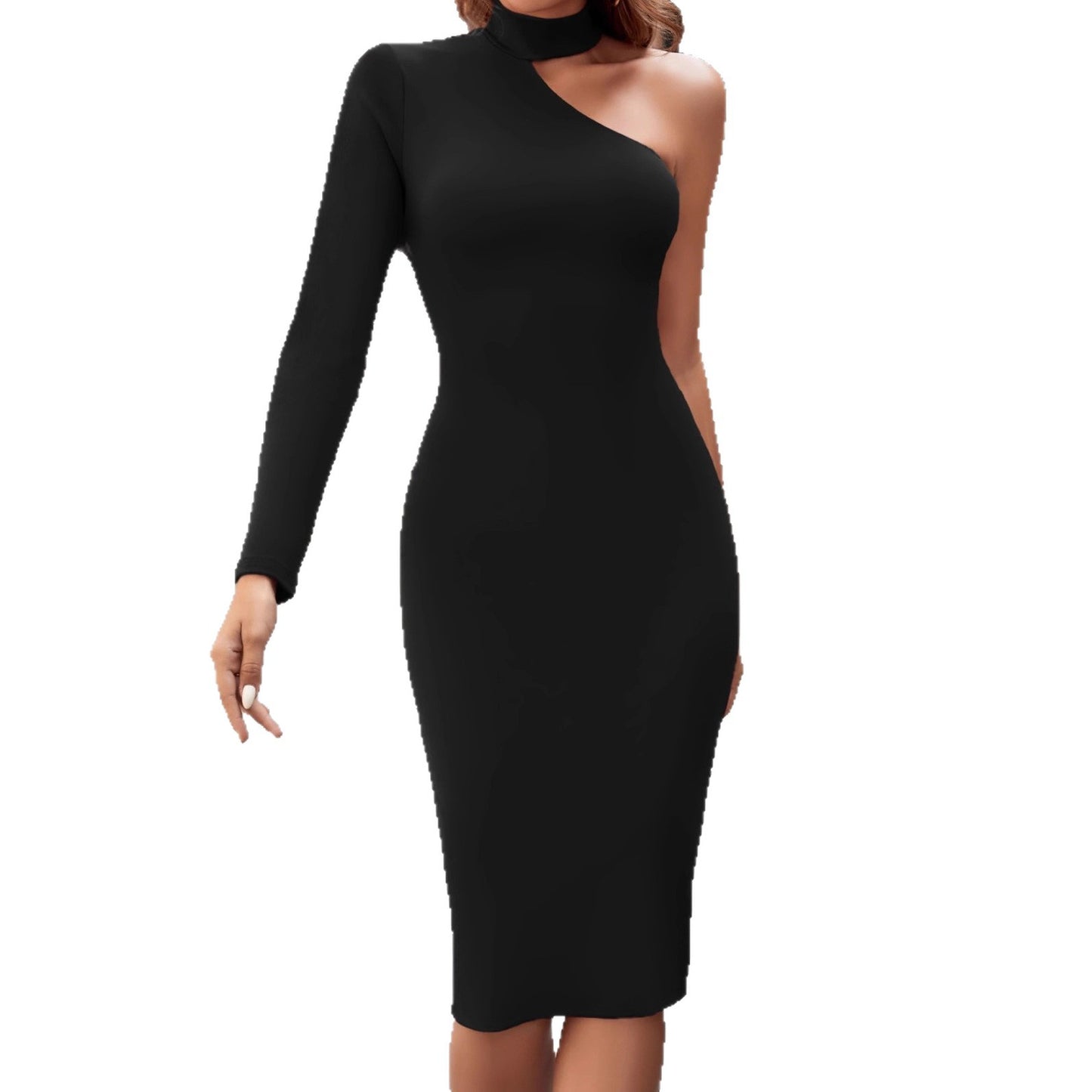 Womens One-shoulder Long-sleeve Dress With A Slash Neckline And Halter Neck