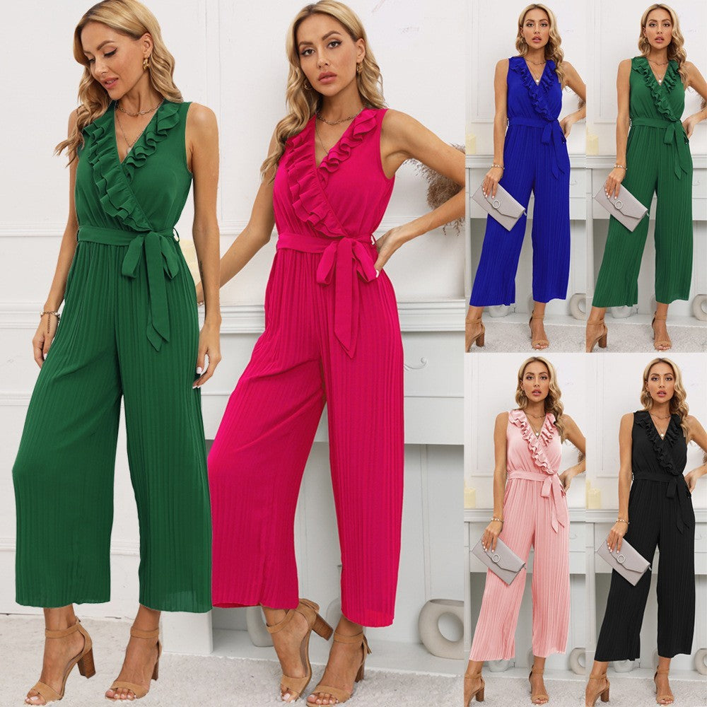 Combinaison plissée confortable sans manches à col en V pour femme