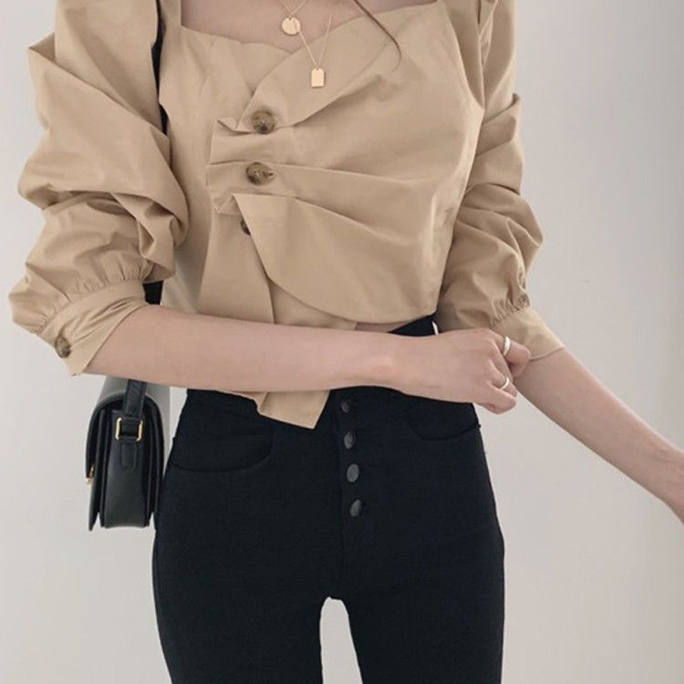 Retro Square Neck Scheming Clavicle Blouse Women