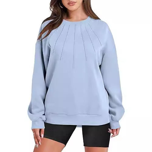Pull ample et décontracté à col rond et plissé pour femme