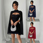 Round-neck Ribbed Pearl Chiffon Cape Bodycon Dress