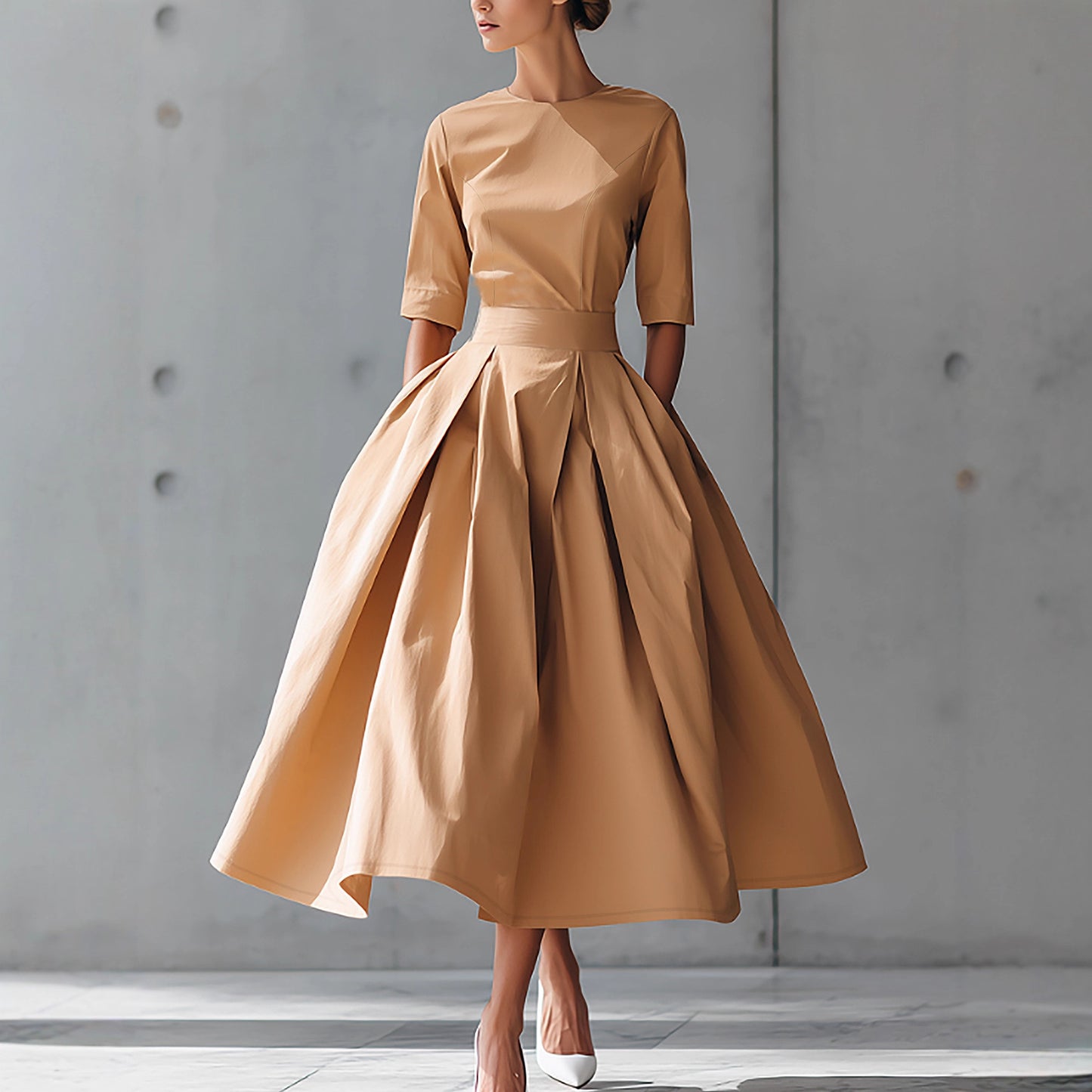 Fashionable Casual Elegant Personality Design Three-quarter Sleeve A-line Solid Color Dress