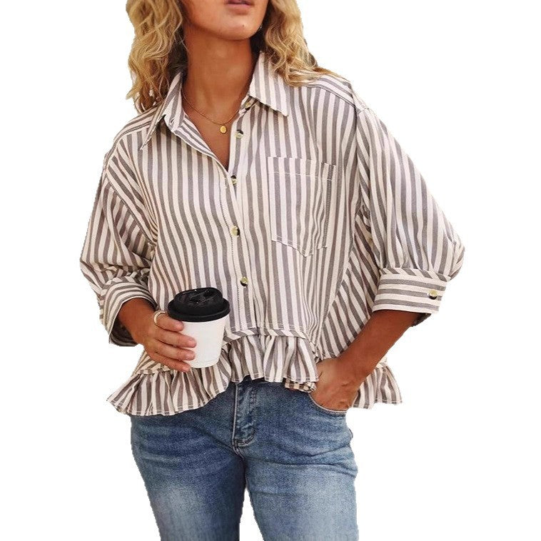 Women's Casual Loose Striped Shirt With Ruffled Hem And Short Sleeves
