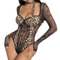 Womens Sheer Lace Long-sleeve Bodysuit