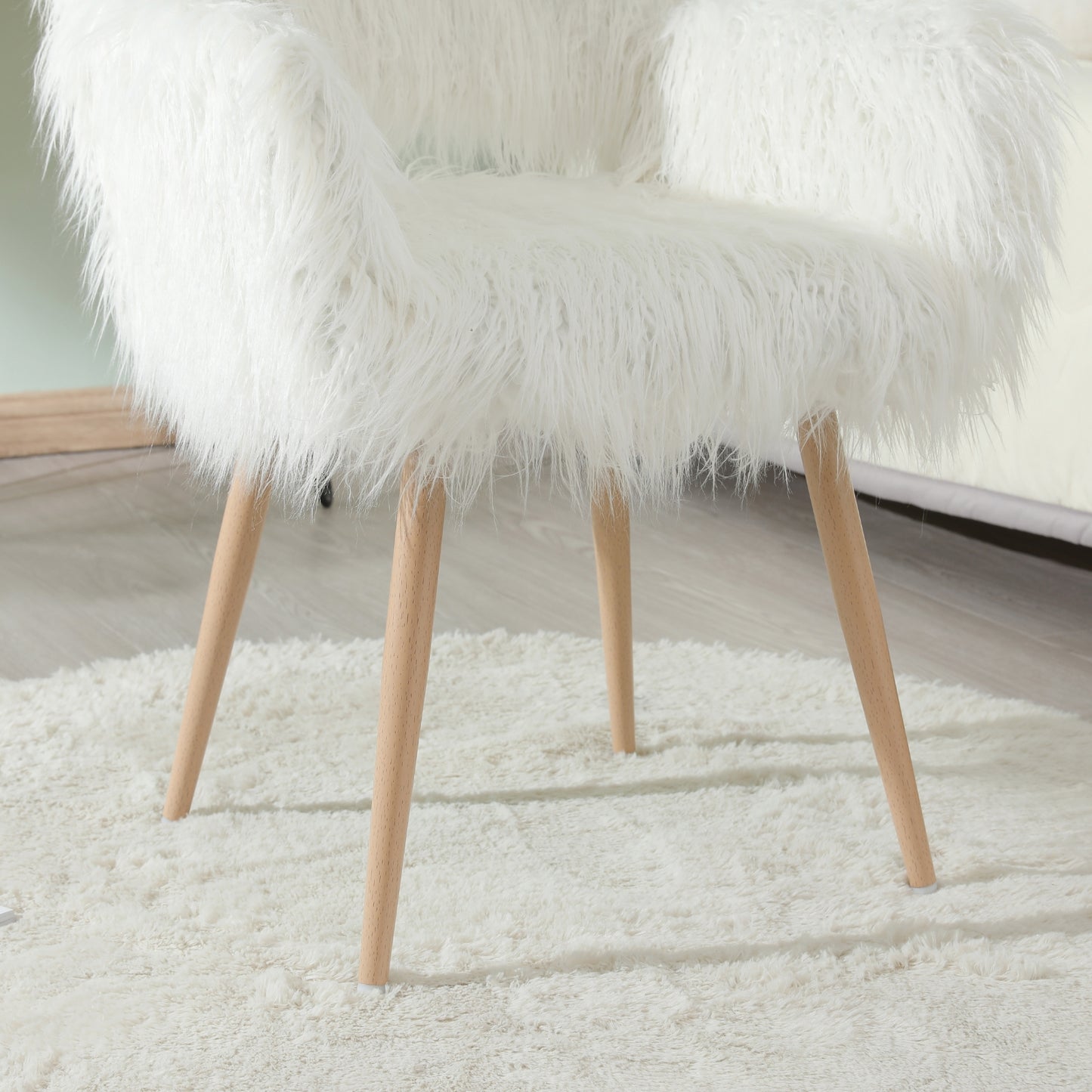WHITE Faux Fur Upholstered Make Up Chair Side Dining Chair With Metal Leg WHITE Beech Metal Leg