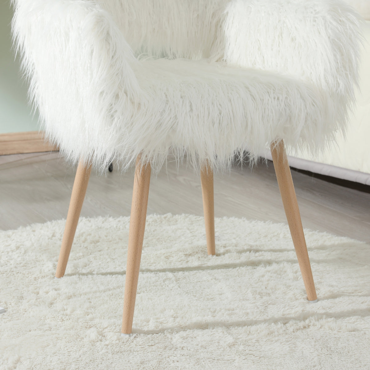 WHITE Faux Fur Upholstered Make Up Chair Side Dining Chair With Metal Leg WHITE Beech Metal Leg