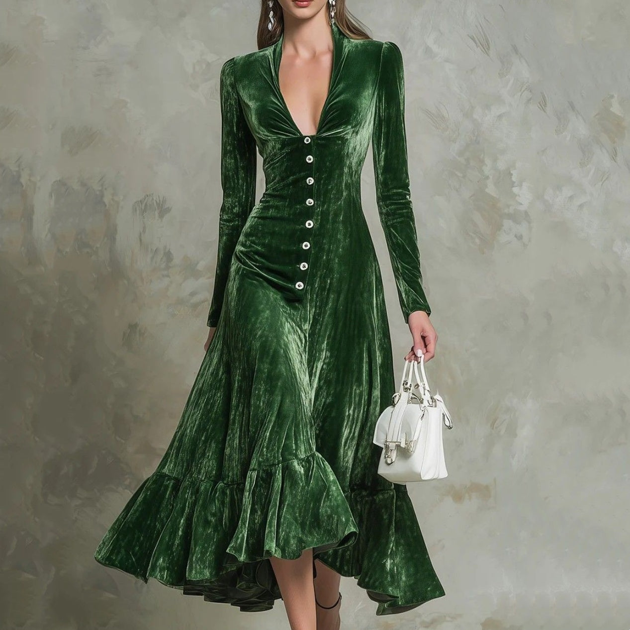 Solid-color Buttoned Lapel Long-sleeve Waist-cinching Dress