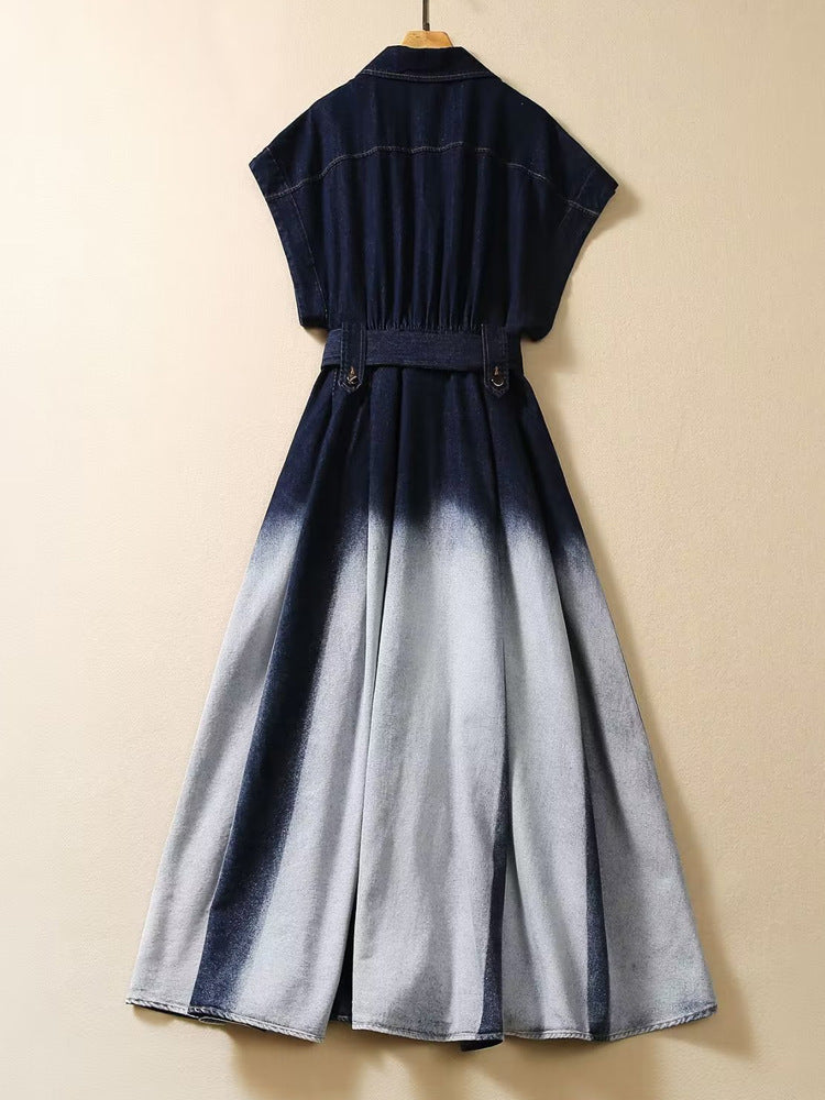 Robe en jean à revers, simple boutonnage, manches courtes, dégradé de couleurs, tendance, taille ajustée