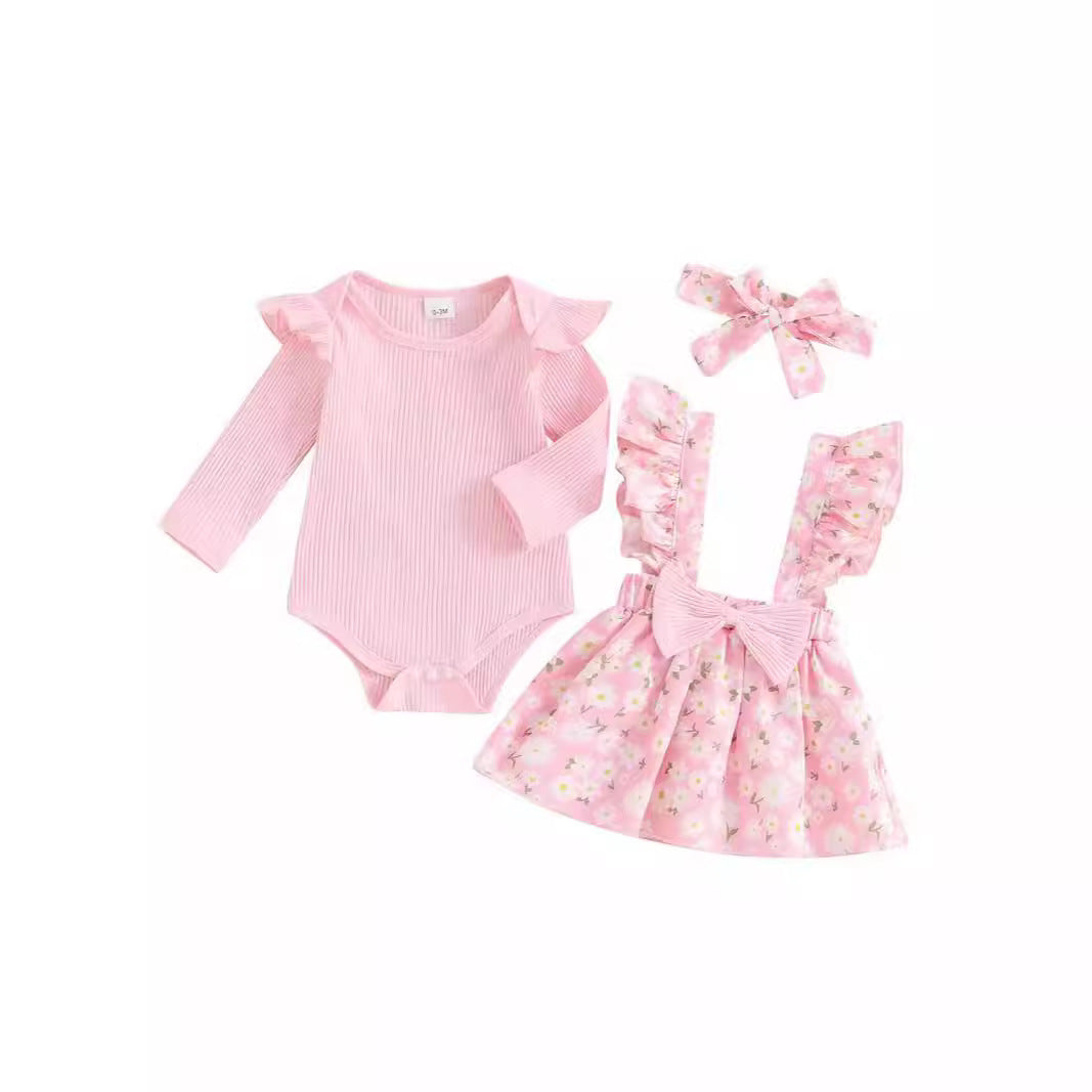 Combinaison 3 pièces simple pour nourrissons, style pastoral européen et américain, commerce extérieur transfrontalier, jupe à bretelles florale avec nœud